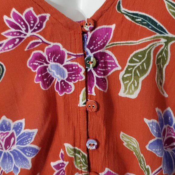 Hawaiian Floral Resprtwear Orange Button Down Semi Crop Top - Picture 3 of 6